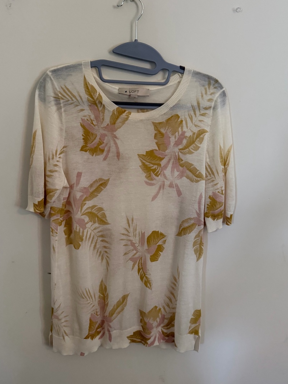 LOFT Cream Short-Sleeve Top with Pink & Gold Leaf Print